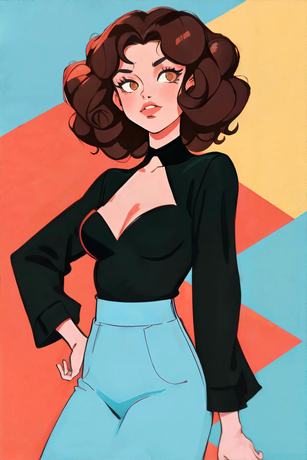 <lora:flatartstyle:1.00>, 1girl, brunette retro curls, brown eyes || <lora:flatartstyle:0.2>