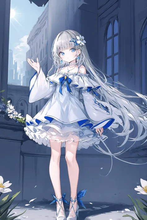 1girl, solo, dress, breasts, long hair, high heels, jewelry, flower, earrings, cleavage, full body, bare shoulders, very long hair, standing, braid, white flower, blue dress, hair ornament, hand up, white footwear, frills, skirt hold, looking at viewer, necklace, detached sleeves, blue eyes, bangs, gem, hair flower, long sleeves, off shoulder, white background, parted bangs, medium breasts, puffy sleeves, white dress, layered sleeves, grey hair ,solo, scenery, standing, outdoors, wide shot, long hair, sunlight, building, day, from behind, ruins, window 
/////////// <lora:silver:1>, <lora:ç»ä¸½çåå½±:0.2>,<lora:add_detail:0.35>, <lora:adaptedmodel:0.35>