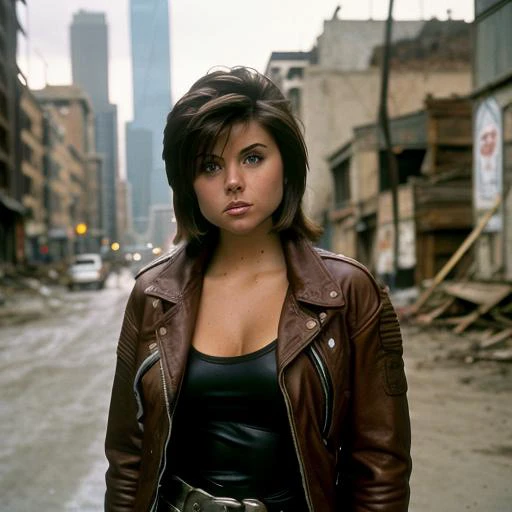 RAW photo, a close up portrait photo of Tiffani Amber Thiessen in wastelander clothes, leather jacket, brown shirt, long haircut, pale skin, slim body, background is city ruins, (high detailed skin:1.2), 8k uhd, dslr, soft lighting, high quality, film grain, Fujifilm XT3 <lora:Tiffani Amber Thiessen v1.1:1>