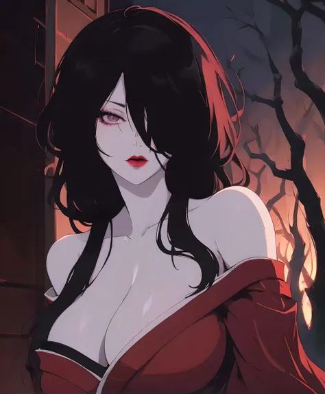 akeginu, masterpiece,best quality, highres,absurdres, intricate details,highly detailed skin, 1girl, solo, black hair, black makeup, lipstick, japanese clothes, red kimono, long hair, hair over one eye,  large breasts, red lips, cleavage, bare shoulders, off shoulder, 
(movie composition), amazing composition, depth of field, indirect lighting, ambient lighting, (random colors), (dynamic colors),  (dynamic weather),
upper body, sexy expression, naughty face, looking at viewer, 
sunset, dojo, dynamic pose, 
<lora:Akeginu_v01:0.80>