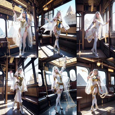 (otherworldly, otherworldly atmosphere, otherworldly appearance), highly insanely detailed, masterpiece, top quality, best quality, highres, 4k, 8k, RAW photo, collar, earrings, jewelry, necklace, armlet,
(long_hair, long hair, random colors cloth, random colors hair, random long hair, dynamic hair, glowing hair, hair over one eye),
(eyelashes, eyeliner, eyeshadow, eyelashes),
makeup,
(dynamic pose), nsfw,
((ancient egyptian theme)), golden ornaments,
1girl, (portrait),
1girl, jellyfish girl, white leather tight clothes, veil, lace, white combat boots, white hair, blue eyes, long hair, cyberpunk, outdoors, white buildings, Cyberpop, <lora:Cyberpop:0.7>,
BREAK
(ancient egyptian train interior), scenery, (ancient egyptian train), (fantasy world)