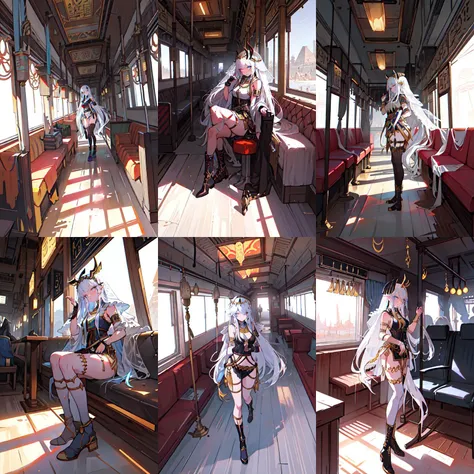 (otherworldly, otherworldly atmosphere, otherworldly appearance), highly insanely detailed, masterpiece, top quality, best quality, highres, 4k, 8k, RAW photo, collar, earrings, jewelry, necklace, armlet,
(long_hair, long hair, random colors cloth, random colors hair, random long hair, dynamic hair, glowing hair, hair over one eye),
(eyelashes, eyeliner, eyeshadow, eyelashes),
makeup,
(dynamic pose), nsfw,
((ancient egyptian theme)), golden ornaments,
1girl, (portrait),
1girl, jellyfish girl, white leather tight clothes, veil, lace, white combat boots, white hair, blue eyes, long hair, cyberpunk, outdoors, white buildings, Cyberpop, <lora:Cyberpop:0.7>,
BREAK
(ancient egyptian train interior), scenery, (ancient egyptian train), (fantasy world)