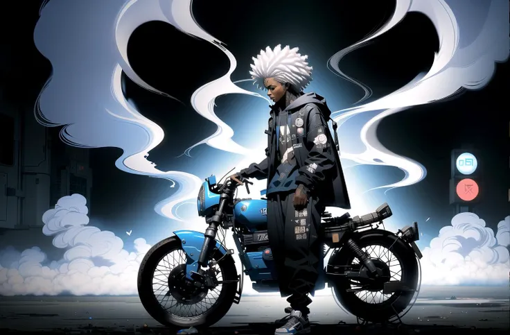 <lora:Cyberpop:1>, Cyberpop, (1boy, afro, walking to a motorcycle), black hoodie, blue shirt, shoes, tattoo, white hair, smoke, wide shot, night