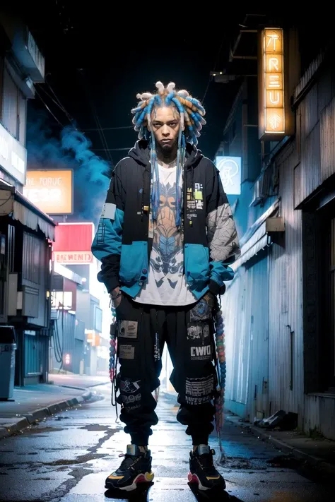 <lora:Cyberpop:1>, Cyberpop, (1boy, colorful dreadlocks, standing in street), black hoodie, blue shirt, shoes, tattoo, motorcycle, white hair, smokeing, nighttime