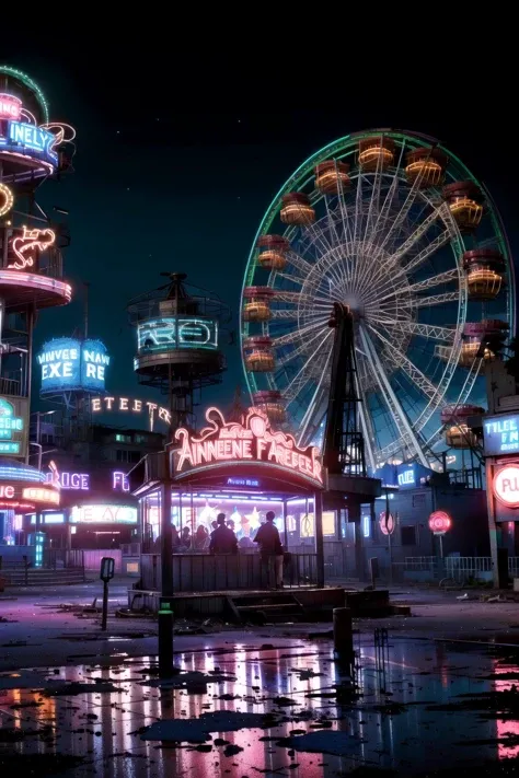 (abandoned amusement park:1.2), night time, ferris wheel, Cyberpop, <lora:Cyberpop:1>