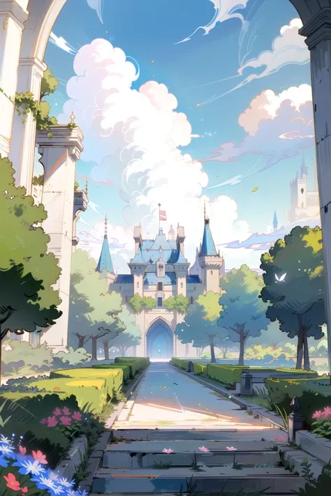 cloud, sky, no humans, scenery, day, outdoors, blue sky, (castle, large palace:1.2), cloudy sky, arches, flower gardens, courtyard, towers, white stone, pure white, hillside, <lora:Cyberpop:0.7>, Cyberpop