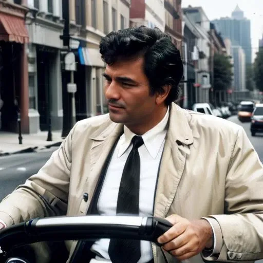((( a man , driving a police car, on a street,)))<lora:ColumboLora:0.7> 1man, realistic, black hair, necktie, collared shirt, white shirt, closed mouth, formal, facial hair, jacket, black necktie, holding, 4k, high quality, ultra realistic, sharpen image, full body, Highly detailed