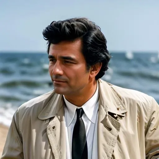 a man walking at the bay, <lora:ColumboLora:0.7> 1man, realistic, black hair, necktie, collared shirt, white shirt, closed mouth, formal, facial hair, jacket, black necktie, holding, 4k, high quality, ultra realistic, sharpen image, full body, Highly detailed