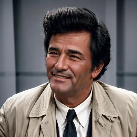 a old man ,portrait <lora:ColumboLora:0.7> 1man, realistic, black hair, necktie, collared shirt, white shirt, closed mouth, formal, facial hair, jacket, black necktie, holding, 4k, high quality, ultra realistic, sharpen image, full body, Highly detailed laughing