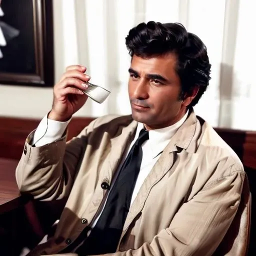 a man sitting in a cafe drinking a tea, <lora:ColumboLora:0.7> 1man, realistic, black hair, necktie, collared shirt, white shirt, closed mouth, formal, facial hair, black necktie, holding, 4k, high quality, ultra realistic, sharpen image, full body, Highly detailed