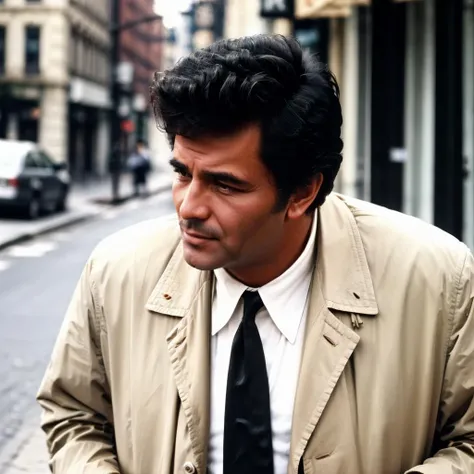 a man standing on a street smoking,  <lora:ColumboLora:0.7> 1man, realistic, black hair, necktie, collared shirt, white shirt, closed mouth, formal, facial hair, jacket, cigarette, black necktie, holding, 4k, high quality, ultra realistic, sharpen image, full body, Highly detailed