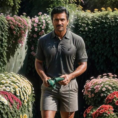 ((( a man standing in a garden watering the flowers wearing a polo shirt and shorts))<lora:ColumboLora:0.6> 1man, realistic, black hair, facial hair, 4k, high quality, ultra realistic, sharpen image, full body, Highly detailed , <lora:real_slider_v2:3>