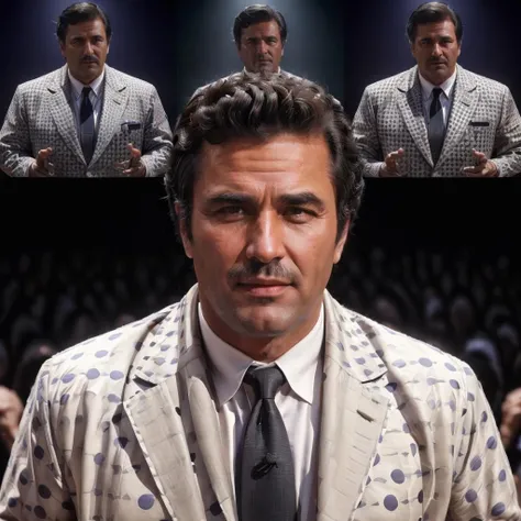 ((( a man holding a motivational speech in a collage wearing a pokadot suit in front of a crowd))<lora:ColumboLora:0.6> 1man, realistic, black hair, facial hair, 4k, high quality, ultra realistic, sharpen image, full body, Highly detailed ,  <lora:real_slider_v2:3>