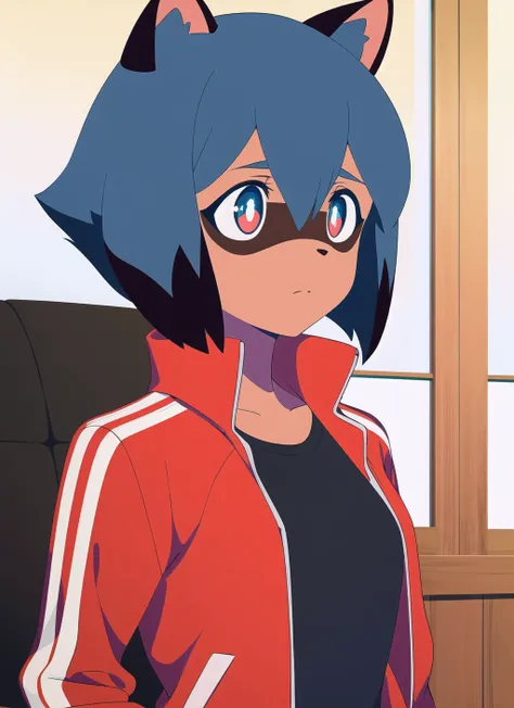 BNA <lora:bna_offset:1>, masterpiece, best quality, 1girl, animal ears, solo, red jacket, jacket, furry, raccoon ears, furry female, blue hair, short hair, raccoon girl, closed mouth, shirt, upper body, multicolored hair, track jacket, indoors, body fur, multicolored eyes, black hair, white shirt, two-tone hair, looking to the side, bangs, hair between eyes, open clothes, animal nose