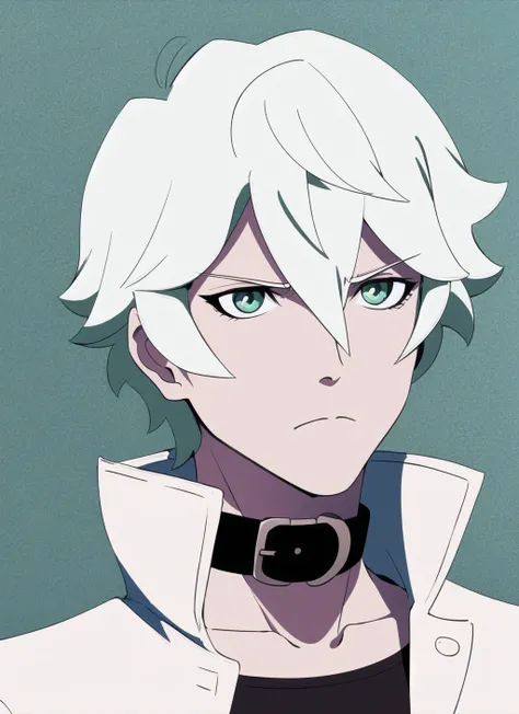 BNA <lora:bna_offset:1>, masterpiece, best quality, 1boy, male focus, solo, parody, high collar, popped collar, collar, green eyes, anime coloring, hair between eyes, style parody, closed mouth, short hair, frown