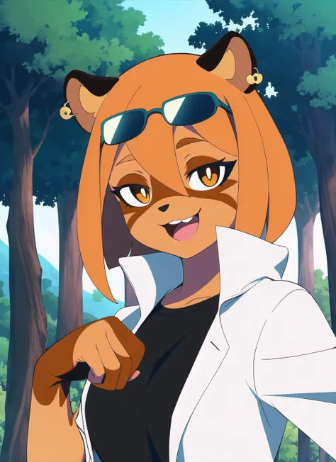 <lora:bna_offset:0.9>, masterpiece, best quality, solo, eyewear on head, blonde hair, multicolored hair, brown hair, very long hair, jewelry, tree, earrings, tiger furry, forest, smile, upper body, :3, open mouth, sunglasses, looking at viewer, outdoors, nature, half-closed eyes, animal ears, tiger furry female, shirt, brown eyes, 1girl, animal nose, short hair, happy, slit pupils, white jacket