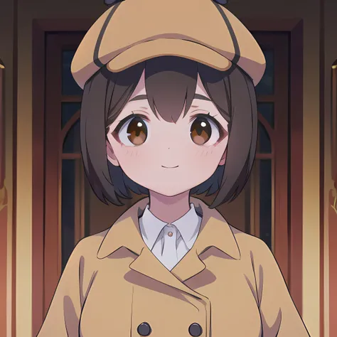 BNA <lora:bna_offset:1>, masterpiece, best quality, 1girl, solo, short hair, brown eyes, parody, looking at viewer, black hair, (big breasts:1.2), smile, brown headwear, detective, brown caplet, <lora:Deerstalker:1>, deerstalker, half body