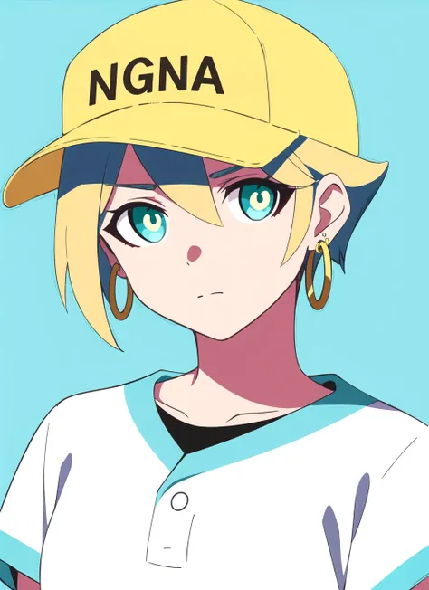 BNA <lora:bna_offset:1>, masterpiece, best quality, 1girl, aqua eyes, baseball cap, blonde hair, closed mouth, earrings, green background, hat, hoop earrings, jewelry, looking at viewer, shirt, short hair, simple background, solo, upper body, yellow shirt