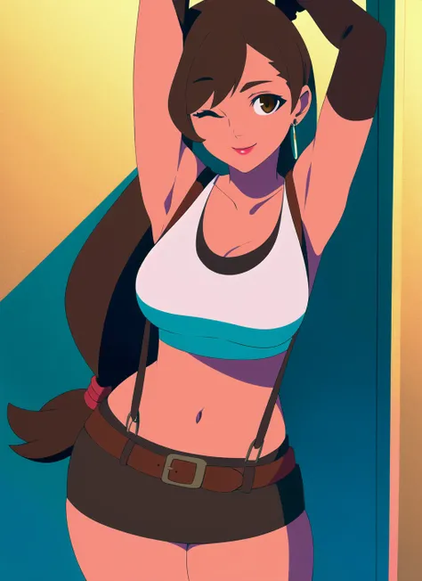 BNA <lora:bna_offset:1>,  tifa lockhart, 1girl, thick lips, arm up, armpits, artist name, belt, black hair, breasts, brown eyes, cleavage, closed mouth, collarbone, cowboy shot, crop top, earrings, elbow gloves, elbow pads, gloves, jewelry, large breasts, lips, long hair, low-tied long hair, midriff, navel, one eye closed, outdoors, skirt, smile, solo, stomach, suspenders, tank top, upper body, ((masterpiece)) <lora:tifa_lockhart_offset:0.7>