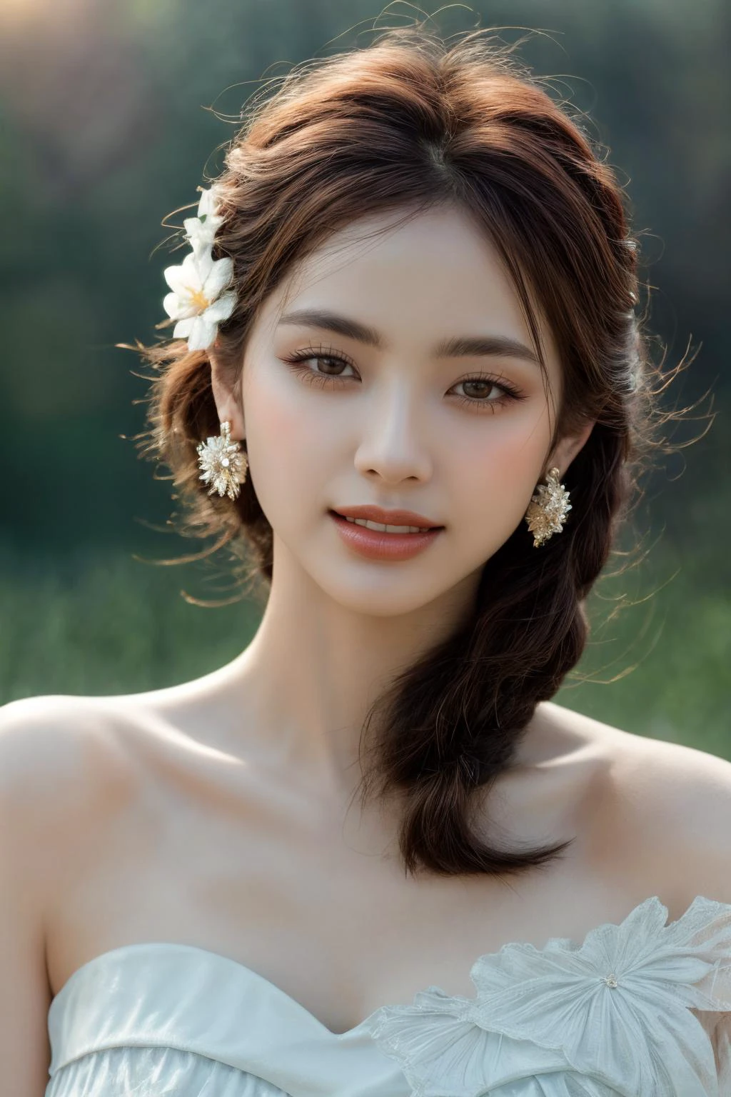 girlcuchoami, 1girl, smile, blurry background, brown eyes, brown hair, earrings, flower, hair flower, hair ornament, jewelry, lips, makeup, skirt, solo, a stunning photo with beautiful saturation, ultra high res,(realistic:1.4)),deep shadow,(best quality, masterpiece), pale skin, dimly lit, shade, flustered, blush, highly detailed, ((upper body:0.8)), skinny, BREAK depth of field, film grain, wrinkled skin, looking at viewer, knee, warm smile, (masterpiece,best quality:1.5) masterpiece,ultra realistic,32k,extremely detailed CG unity 8k wallpaper, best quality,
<lora:girlcuchoami_SDLife_Chiasedamme_v1.0:0.68> <lora:more_details:0.25> <lora:add_detail:0.25> <lora:girl_SDLife_Chiasedamme_v1.6:0.25>