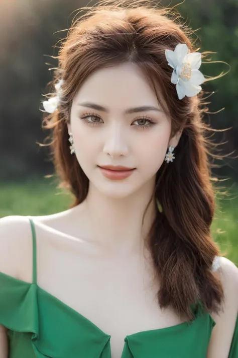 girlcuchoami, 1girl, smile, photo art, blurry background, brown eyes, brown hair, earrings, flower, hair flower, hair ornament, jewelry, lips, makeup, skirt, solo, a stunning photo with beautiful saturation, ultra high res,(realistic:1.4)),deep shadow,(best quality, masterpiece), pale skin, dimly lit, shade, flustered, blush, highly detailed, ((upper body:0.8)), skinny, BREAK depth of field, film grain, wrinkled skin, looking at viewer, knee, warm smile, (masterpiece,best quality:1.5) masterpiece,ultra realistic,32k,extremely detailed CG unity 8k wallpaper, best quality, (upper body)
 <lora:girlcuchoami_SDLife_Chiasedamme_v1.0:0.68> <lora:more_details:0.25> <lora:add_detail:0.25>  <lora:girl_SDLife_Chiasedamme_v1.6:0.25> <lora:girlvn01_SDLifr_Chiasedamme_v1.0:0.3>