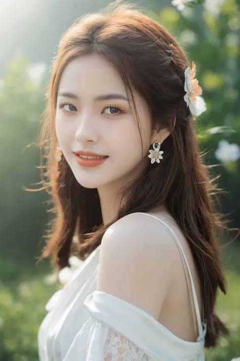 girlcuchoami, 1girl, smile, photo art, blurry background, brown eyes, brown hair, earrings, flower, hair flower, hair ornament, jewelry, lips, makeup, skirt, solo, a stunning photo with beautiful saturation, ultra high res,(realistic:1.4)),deep shadow,(best quality, masterpiece), pale skin, dimly lit, shade, flustered, blush, highly detailed, ((upper body:0.8)), skinny, BREAK depth of field, film grain, wrinkled skin, looking at viewer, knee, warm smile, (masterpiece,best quality:1.5) masterpiece,ultra realistic,32k,extremely detailed CG unity 8k wallpaper, best quality, (upper body:1.2)
 <lora:girlcuchoami_SDLife_Chiasedamme_v1.0:0.68> <lora:more_details:0.25> <lora:add_detail:0.25>  <lora:girl_SDLife_Chiasedamme_v1.6:0.25> <lora:girlvn01_SDLifr_Chiasedamme_v1.0:0.3>