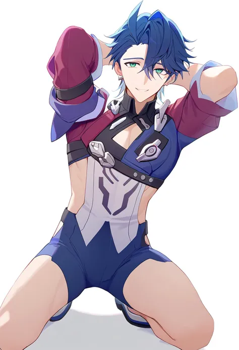 super fine illustrations,1 boy,A 150 cm tall,blue hair,Green eyes,White skin,Heart to eye,Ponytail hairstyle,perspired,Shirtless,Lewd expression,Sexy,Gay,pleasant sensation,vehement,Femininity,(Wear only briefs),There is a milky white liquid on the body,There are pronounced male genitalia,Homosexuality,The erection,Be red in the face,big breasts exposed cleavage,Drooling over male genital details,drenched all over the body,Precise legs,(Conspicuous male genitalia),Animate,Full body like,