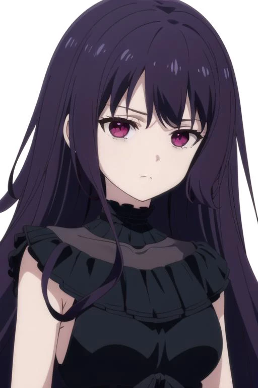 solo, 1girl, looking at viewer, 2D, anime, anime coloring, upper body, (simple background, solid white background:1.3), <lora:tilty-magirevo:0.8>, tilty claret, black dress, closed mouth