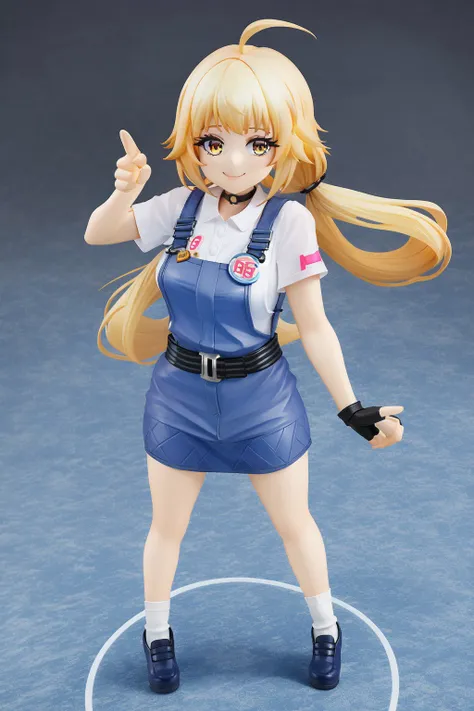 <lora:shirli_x_nemesis_lora:1.0> <lora:popupparade-10:0.9> masterpiece, best quality, absurdres, high quality, best quality, ultra high res, 1girl, solo, shirli, ahoge, blonde hair, long hair, very long hair,  twintails, low twintails, yellow eyes, overalls, overall skirt, belt, shirt, collared shirt, white shirt, short sleeves, choker, black choker, cat choker, fingerless gloves, black gloves, ribbed legwear, socks, white socks, light smile, eyelashes, full body, from above, standing, looking at viewer, pointing at viewer, dynamic pose,