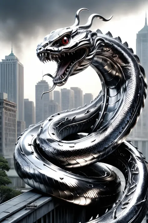 <lora:ral-polishedsteel:0.8> ral-polishedsteel kaiju snake attacking a city