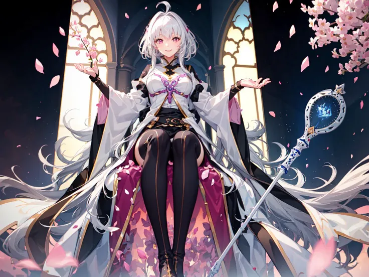 (extremely detailed CG:1.4), (best quality:1.5), 1girl, def1, white hair, light smile, holding staff, long eyelashes, wide hips, field covered with flowers, twilight, sitting, from below, (falling pink petals:1.4), panoramic, white tower, <lora:merlinFatePrototype_v10:0.75>