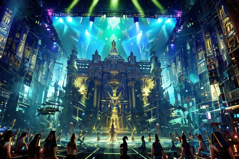 highly insanely detailed, masterpiece, top quality, best quality, highres, 4k, 8k, RAW photo, ((ancient egyptian theme:1.2)), Hong Kong structure, building, structure, taiwan, korean, 
(long_hair, long hair, random colors hair, glowing hair, hair over one eye, long messy hair), 
(eyelashes, eyeliner, eyeshadow, eyelashes, long eyelashes), 
collar, earrings, jewelry, necklace, armlet, 
high-heels, 
tentacle, (underwater), nsfw, 
cleavage, perfect female body, makeup, 
swirling energy, 
action pose, 
drunk, biting, 
reflection, reflective floor, 
abandoned building, overgrown with vegetation, [volumetric fog], cinematic lighting, colorful, colourful, 
a photo of photomaker, 
castle, <lora:castle:0.7>, festival, led screen, stage performance, gorgeous stage lighting, a cheering crowd