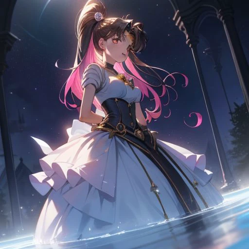 A breathtaking masterpiece depicting a stunning 1girl, the eternal Sailor Moon, as she stands under the enchanting night sky. The artist has paid meticulous attention to detail, focusing especially on the girl's face, which is intricately rendered with exquisite precision. Her skin glistens with a radiant glow, enhanced by the ethereal moonlight that bathes her in a celestial aura. Adorned in black gloves and a leather laced corset, she embodies the essence of a powerful magical girl. With her hair elegantly tied up and a touch of witch-like allure, she captivates viewers with an undeniable enchantment. Her hands are bound behind her back and she looks like she's in trouble. This scene is reminiscent of a captivating game CG, immersing the audience in a world where dreams and fantasies intertwine under the enigmatic night sky.