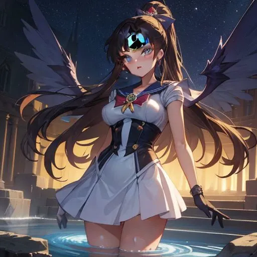 A breathtaking masterpiece depicting a stunning 1girl, the eternal Sailor Moon, as she stands under the enchanting night sky. The artist has paid meticulous attention to detail, focusing especially on the girl's face, which is intricately rendered with exquisite precision. Her skin glistens with a radiant glow, enhanced by the ethereal moonlight that bathes her in a celestial aura. Adorned in black gloves and donning magnificent wings spanning 1.5 times her height, she embodies the essence of a powerful magical girl. With her hair elegantly tied up and a touch of witch-like allure, she captivates viewers with an undeniable enchantment. This scene is reminiscent of a captivating game CG, immersing the audience in a world where dreams and fantasies intertwine under the enigmatic night sky.