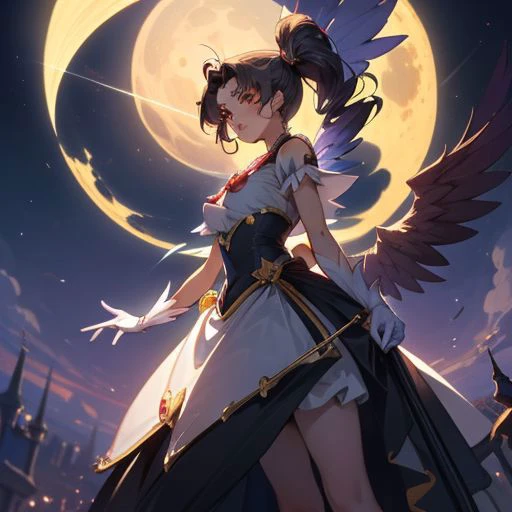 A breathtaking masterpiece depicting a stunning 1girl, the eternal Sailor Moon, as she stands under the enchanting night sky. The artist has paid meticulous attention to detail, focusing especially on the girl's face, which is intricately rendered with exquisite precision. Her skin glistens with a radiant glow, enhanced by the ethereal moonlight that bathes her in a celestial aura. Adorned in black gloves and donning magnificent wings spanning 1.5 times her height, she embodies the essence of a powerful magical girl. With her hair elegantly tied up and a touch of witch-like allure, she captivates viewers with an undeniable enchantment. This scene is reminiscent of a captivating game CG, immersing the audience in a world where dreams and fantasies intertwine under the enigmatic night sky.