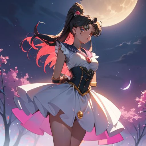 A breathtaking masterpiece depicting a stunning 1girl, the eternal Sailor Moon, as she stands under the enchanting night sky. The artist has paid meticulous attention to detail, focusing especially on the girl's face, which is intricately rendered with exquisite precision. Her skin glistens with a radiant glow, enhanced by the ethereal moonlight that bathes her in a celestial aura. Adorned in black gloves and a leather laced corset, she embodies the essence of a powerful magical girl. With her hair elegantly tied up and a touch of witch-like allure, she captivates viewers with an undeniable enchantment. Her hands are bound behind her back and she looks like she's in trouble. This scene is reminiscent of a captivating game CG, immersing the audience in a world where dreams and fantasies intertwine under the enigmatic night sky.