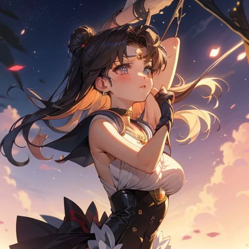 A breathtaking masterpiece depicting a stunning 1girl, the eternal Sailor Moon, as she stands under the enchanting night sky. The artist has paid meticulous attention to detail, focusing especially on the girl's face, which is intricately rendered with exquisite precision. Her skin glistens with a radiant glow, enhanced by the ethereal moonlight that bathes her in a celestial aura. Adorned in black gloves and a leather laced corset, she embodies the essence of a powerful magical girl. With her hair elegantly tied up and a touch of witch-like allure, she captivates viewers with an undeniable enchantment. Her hands are bound behind her back and she looks like she's in trouble. This scene is reminiscent of a captivating game CG, immersing the audience in a world where dreams and fantasies intertwine under the enigmatic night sky.