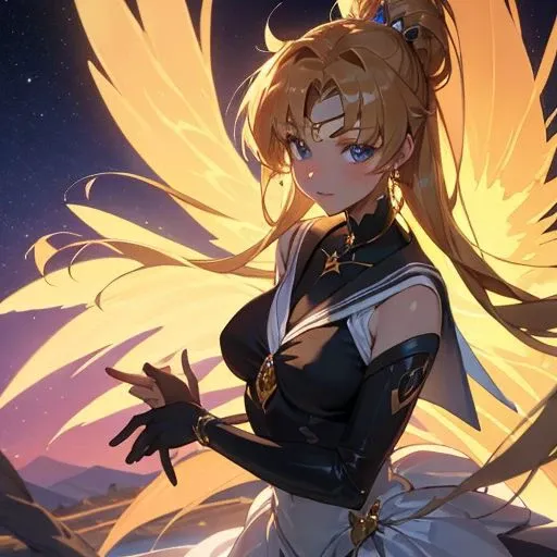 A breathtaking masterpiece depicting a stunning 1girl, the eternal Sailor Moon, as she stands under the enchanting night sky. The artist has paid meticulous attention to detail, focusing especially on the girl's face, which is intricately rendered with exquisite precision. Her skin glistens with a radiant glow, enhanced by the ethereal moonlight that bathes her in a celestial aura. Adorned in black gloves and donning magnificent wings spanning 1.5 times her height, she embodies the essence of a powerful magical girl. With her hair elegantly tied up and a touch of witch-like allure, she captivates viewers with an undeniable enchantment. This scene is reminiscent of a captivating game CG, immersing the audience in a world where dreams and fantasies intertwine under the enigmatic night sky.