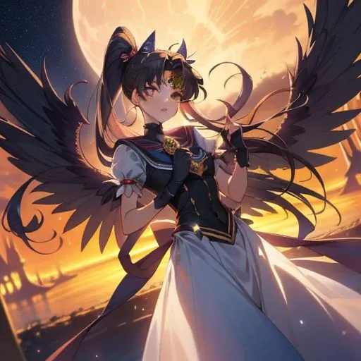 A breathtaking masterpiece depicting a stunning 1girl, the eternal Sailor Moon, as she stands under the enchanting night sky. The artist has paid meticulous attention to detail, focusing especially on the girl's face, which is intricately rendered with exquisite precision. Her skin glistens with a radiant glow, enhanced by the ethereal moonlight that bathes her in a celestial aura. Adorned in black gloves and donning magnificent wings spanning 1.5 times her height, she embodies the essence of a powerful magical girl. With her hair elegantly tied up and a touch of witch-like allure, she captivates viewers with an undeniable enchantment. This scene is reminiscent of a captivating game CG, immersing the audience in a world where dreams and fantasies intertwine under the enigmatic night sky.