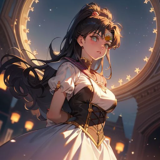 A breathtaking masterpiece depicting a stunning 1girl, the eternal Sailor Moon, as she stands under the enchanting night sky. The artist has paid meticulous attention to detail, focusing especially on the girl's face, which is intricately rendered with exquisite precision. Her skin glistens with a radiant glow, enhanced by the ethereal moonlight that bathes her in a celestial aura. Adorned in black gloves and a leather laced corset, she embodies the essence of a powerful magical girl. With her hair elegantly tied up and a touch of witch-like allure, she captivates viewers with an undeniable enchantment. Her hands are bound behind her back and she looks like she's in trouble. This scene is reminiscent of a captivating game CG, immersing the audience in a world where dreams and fantasies intertwine under the enigmatic night sky.