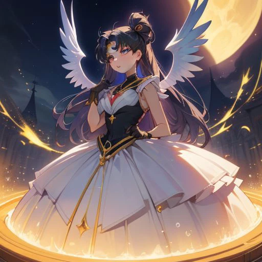 A breathtaking masterpiece depicting a stunning 1girl, the eternal Sailor Moon, as she stands under the enchanting night sky. The artist has paid meticulous attention to detail, focusing especially on the girl's face, which is intricately rendered with exquisite precision. Her skin glistens with a radiant glow, enhanced by the ethereal moonlight that bathes her in a celestial aura. Adorned in black gloves and donning magnificent wings spanning 1.5 times her height, she embodies the essence of a powerful magical girl. With her hair elegantly tied up and a touch of witch-like allure, she captivates viewers with an undeniable enchantment. This scene is reminiscent of a captivating game CG, immersing the audience in a world where dreams and fantasies intertwine under the enigmatic night sky.