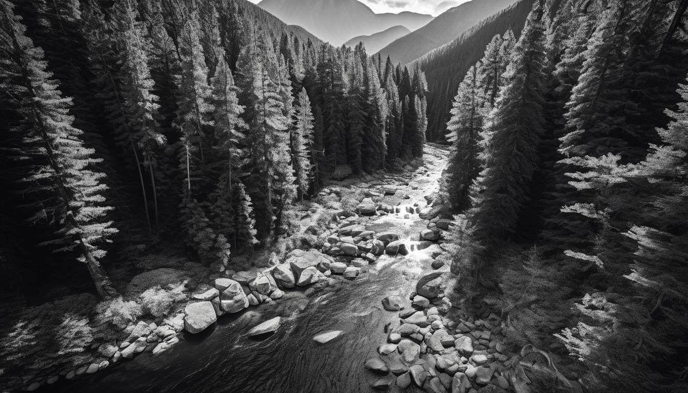 amazing photograph of gorgeous view, award winning, breathtaking, photo of the year, 4k, hyperrealistic, dramatic lighting <lora:Landscape_Unleashed:0.8>
In the black and white photograph, a winding river is surrounded by lush forest. The scene captures the serenity of nature with the water flowing through trees on one side, creating a peaceful atmosphere. Several pine trees can be seen in the image, some closer to the foreground while others are situated further back in the frame. The photograph is taken from an elevated perspective, possibly by using a camera or binoculars from above ground level. The viewpoint appears to be angled downwards, providing a dynamic composition that showcases the beauty of the water and surrounding foliage.