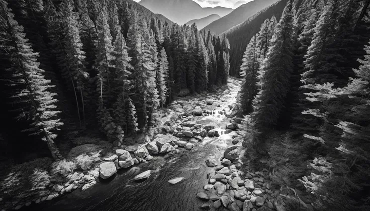 amazing photograph of gorgeous view, award winning, breathtaking, photo of the year, 4k, hyperrealistic, dramatic lighting  <lora:Landscape_Unleashed:0.8>
In the black and white photograph, a winding river is surrounded by lush forest. The scene captures the serenity of nature with the water flowing through trees on one side, creating a peaceful atmosphere. Several pine trees can be seen in the image, some closer to the foreground while others are situated further back in the frame.  The photograph is taken from an elevated perspective, possibly by using a camera or binoculars from above ground level. The viewpoint appears to be angled downwards, providing a dynamic composition that showcases the beauty of the water and surrounding foliage.