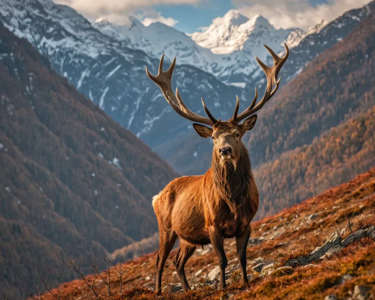 In the grandeur of the Bavarian mountains, a majestic red stag stands proudly, its antlers reaching skyward. Against the backdrop of towering peaks, captured with a 100mm f/2.8 lens, the image encapsulates the regal magnificence of the red stag amidst the breathtaking mountainous terrain, spring, sunny with clouds, realistic shadows, trees, forest, 8K resolution, high detailed fur, focus on red stag, bokeh, insane details, HDR, DSLR, Film grain, award-winning photo, <lora:Landscape_Unleashed:0.5>, <lora:Wild_nature_XL:0.5>