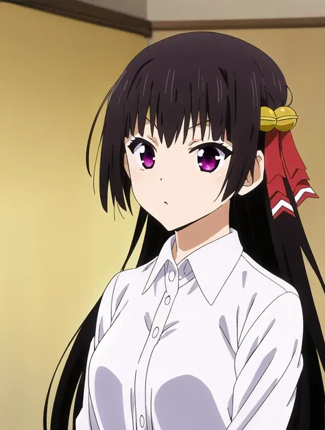 (masterpiece, best quality:1.2), 1girl, himenokouji akiko, purple eyes, black hair, long hair, hair bell, hair ribbon, collared shirt <lora:himenokouji_akiko:0.9>