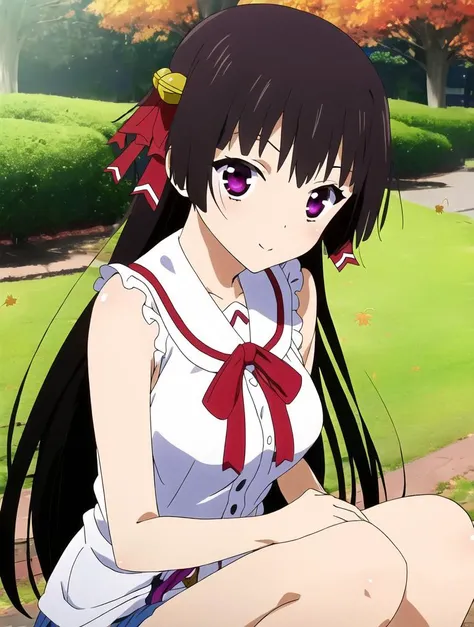 (masterpiece, best quality:1.2), 1girl, himenokouji akiko, purple eyes, black hair, long hair, hair bell, hair ribbon, sleeveless, in the park, autumn <lora:himenokouji_akiko:0.9>