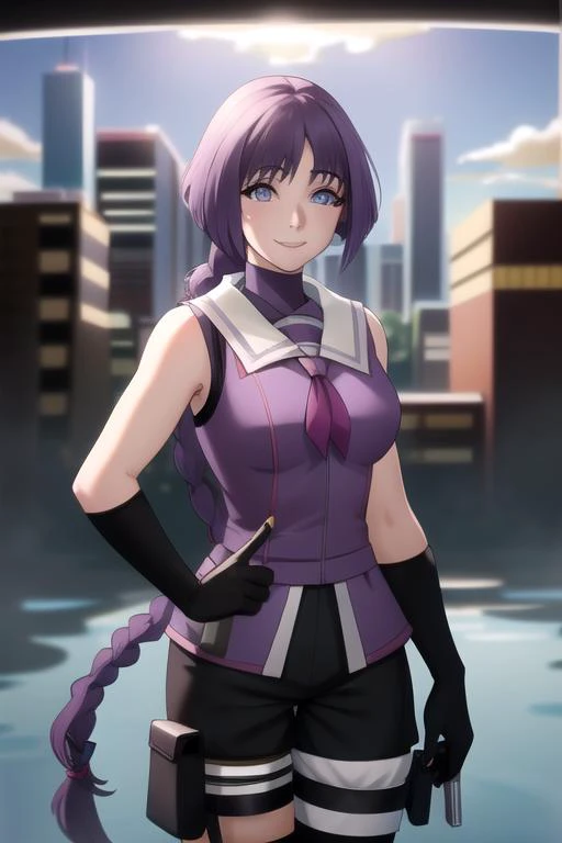 masterpiece, best quality,  sky, clouds, cityscape, smile, looking at viewer, 
,, <lora:SumireKakei:1> sumire kakei, looking at viewer, ninja, single braid, sleeveless jacket, bandages, elbow gloves, wristband, black shorts, fingerless gloves, sailor collar, (masterpiece:1.2), best quality, high resolution, unity 8k wallpaper, (illustration:0.8), (beautiful detailed eyes:1.6), extremely detailed face, perfect lighting, extremely detailed CG, (perfect hands, perfect anatomy),