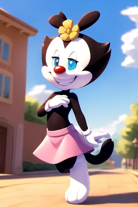 masterpiece, best quality,  sky, clouds, cityscape, smile, looking at viewer, (upper body photo:1.5)
,, <lora:DotW_2:0.79>  dotw, girl, black body, black head, white cheeks, white legs, black ears, mouth closed, smile with teeth, black tail, white eyelids, black eyes, Red nose, white gloves, yellow flower on head, pink skirt, standing on one leg, winks, hand on belt, <3, city, masterpiece, detailed, detailed background, 8k, 4k, detailed shaders, (masterpiece:1.2), best quality, high resolution, unity 8k wallpaper, (illustration:0.8), (beautiful detailed eyes:1.6), extremely detailed face, perfect lighting, extremely detailed CG, (perfect hands, perfect anatomy),, (realistic:1.2) ,(photorealistic:1.2),(hdr:1.2),(perfect hands, perfect anatomy), (beautiful detailed eyes:1.6), extremely detailed face, perfect lighting