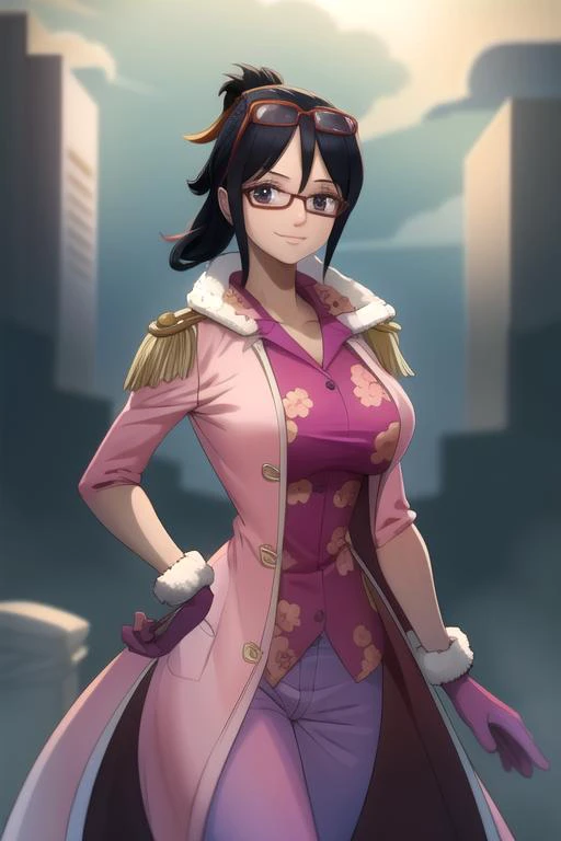 masterpiece, best quality,  sky, clouds, cityscape, smile, looking at viewer, 
,, <lora:tashigi-nvwls-v1:1> tashigi, glasses, eyewear on head ,folded ponytail, pink coat, coat on shoulders, purple shirt, pink gloves, blue pants, (masterpiece:1.2), best quality, high resolution, unity 8k wallpaper, (illustration:0.8), (beautiful detailed eyes:1.6), extremely detailed face, perfect lighting, extremely detailed CG, (perfect hands, perfect anatomy),