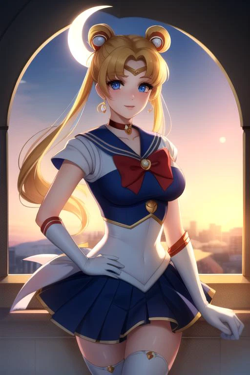 masterpiece, best quality,  sky, clouds, cityscape, smile, looking at viewer, 
,, <lora:sailormoonusagi-lora-nochekaiser:1> sailor moon, blonde hair, blue eyes, double bun, hair bun, hair ornament, long hair, twintails, circlet, (parted bangs:1.5),  back bow, blue sailor collar, blue skirt, boots, bow, brooch, choker, crescent moon, elbow gloves, gloves, jewelry, knee boots, magical girl, pleated skirt, red bow, red choker, ribbon, sailor collar, sailor senshi uniform, skirt, white gloves,, (masterpiece:1.2), best quality, high resolution, unity 8k wallpaper, (illustration:0.8), (beautiful detailed eyes:1.6), extremely detailed face, perfect lighting, extremely detailed CG, (perfect hands, perfect anatomy),